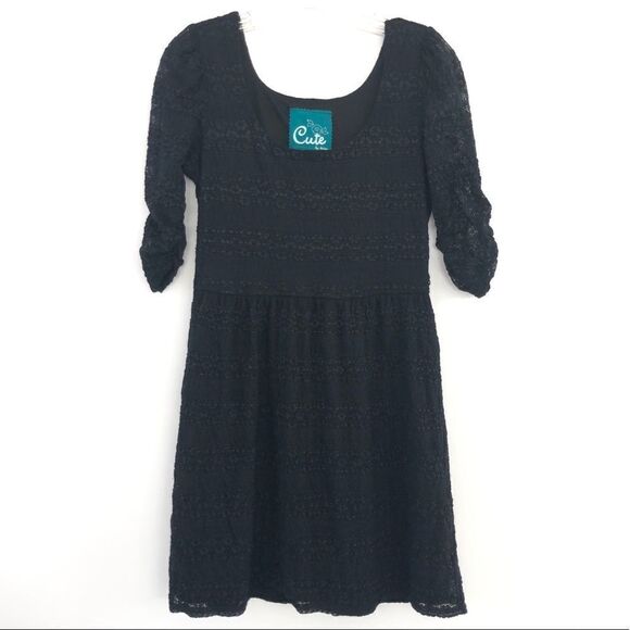 Cute by daisy Ruched Sleeve Scoop Neck Fit & Flare Lace Dress In Black Y2K Goth - Picture 1 of 14